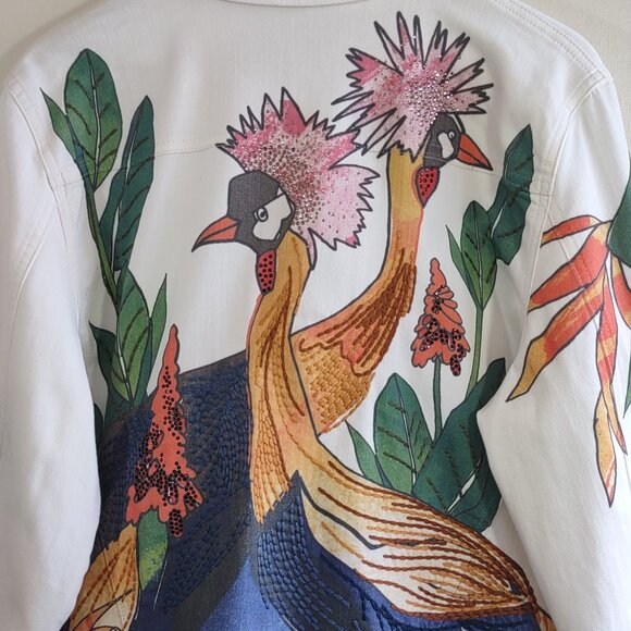 Chico's Tropical Embellished White Denim Jacket Floral Artsy 16/18 Chico 3 - Picture 10 of 12
